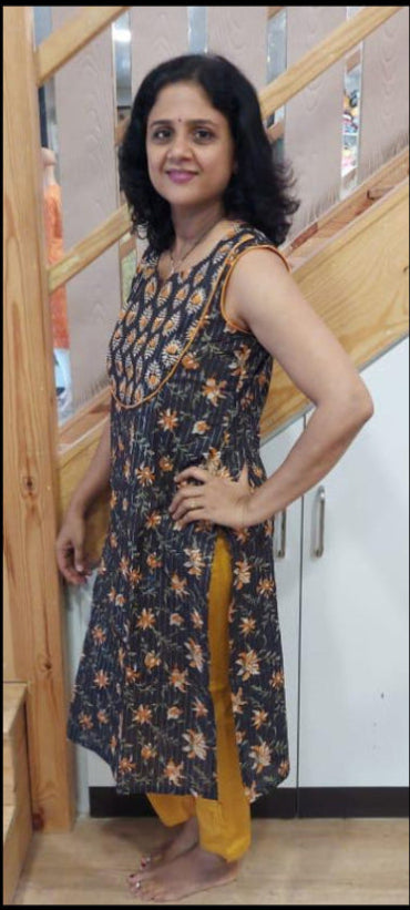 Dark Brown Cotton Lurex Printed Sleeveless Kurta