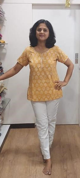 Mustard Yellow Cotton Dabu Printed Short Top