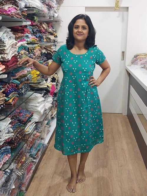 Rama Green Satin Cotton Bandhani One Piece