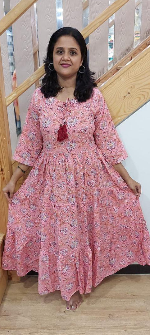 Coral Pure Cotton Printed  Long One Piece