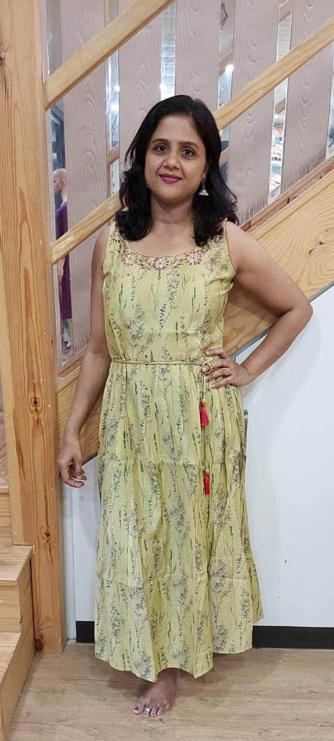 Light Mehendi Green Muslin Long One Piece