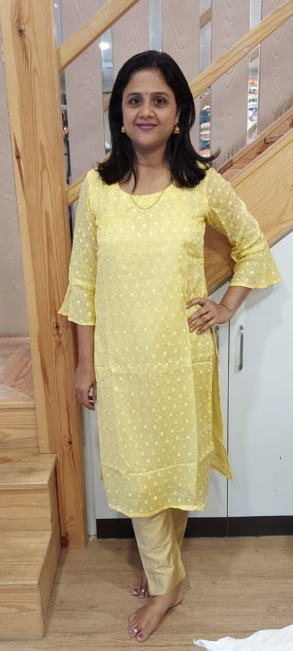 Light Yellow  Chinon Silk Kurta