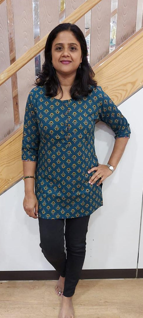 Bottle Green Cotton Printed Short Top