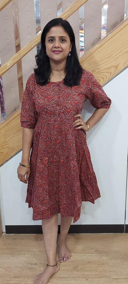 Brick Red Pure Cotton Printed Knee Length One Piece