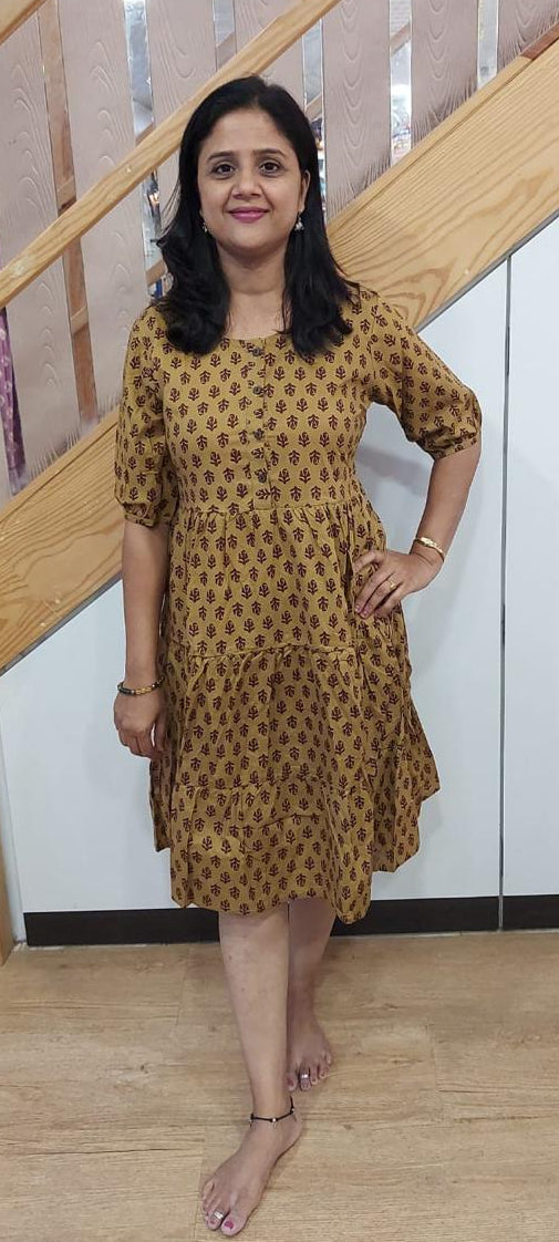 Mustard Yellow Pure Cotton Printed Knee Length One Piece
