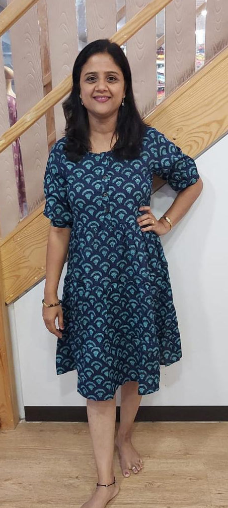 Dark Navy Blue Pure Cotton Printed Knee Length One Piece