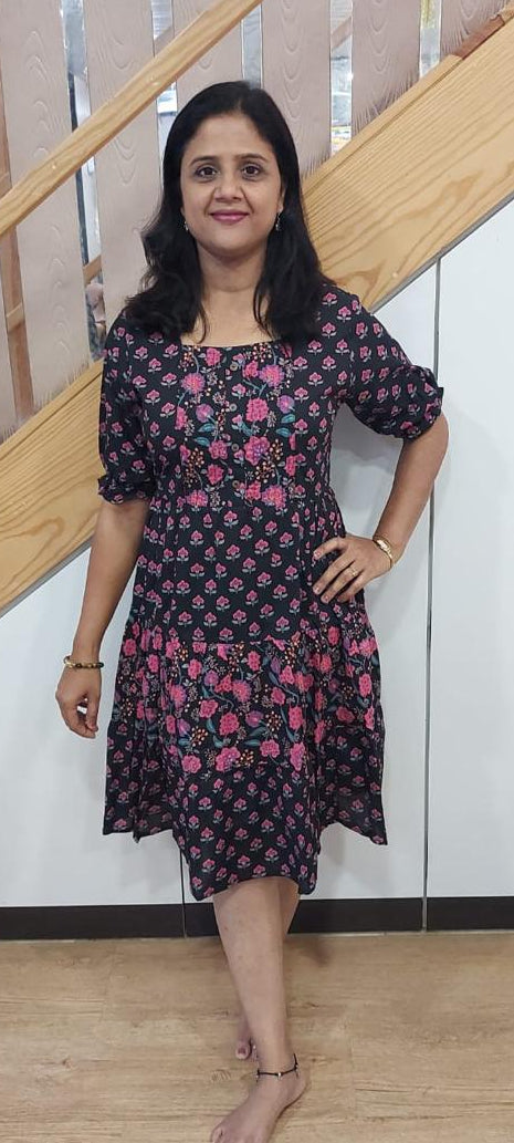 Dark Navy Blue Pure Cotton Printed Knee Length One Piece