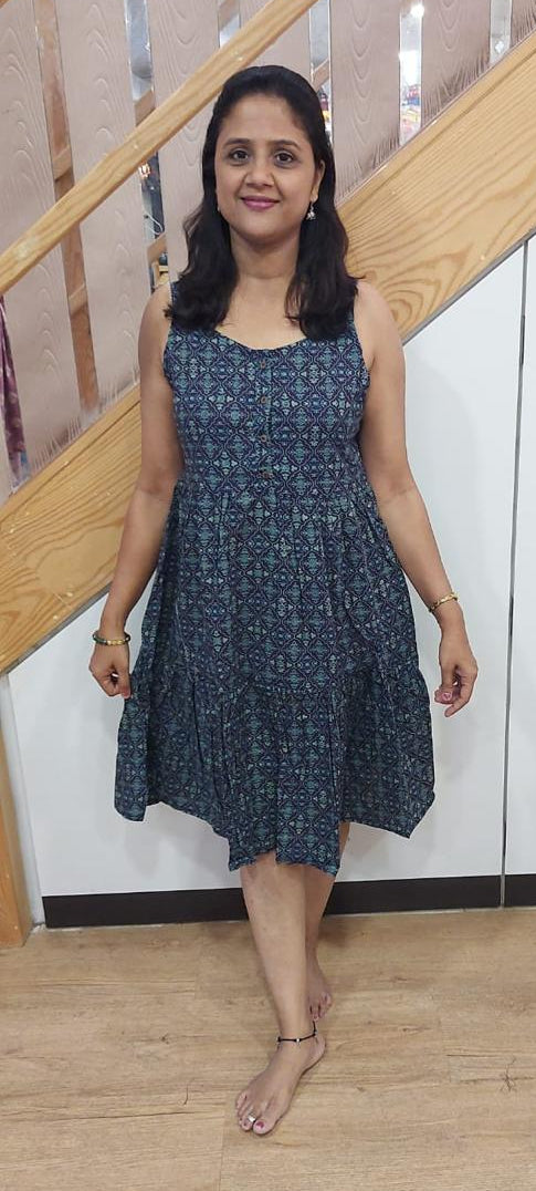 Dark Navy Blue Pure Cotton Printed Spaghetti One Piece