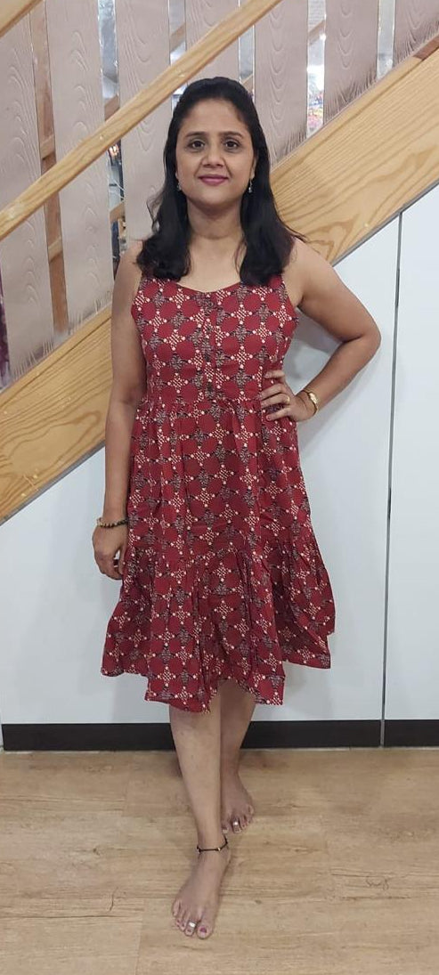 Brick Red Pure Cotton Printed Spaghetti One Piece