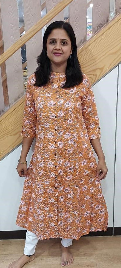Rust Orange Pure Cotton Printed Kurta