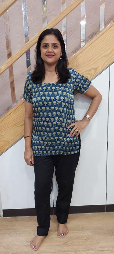 Indigo Handblock Modal Silk Short Top