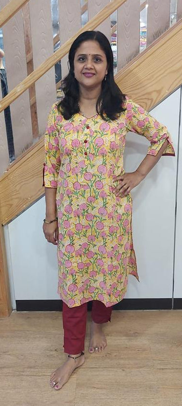 Yellow Pure Cotton Printed Kurta