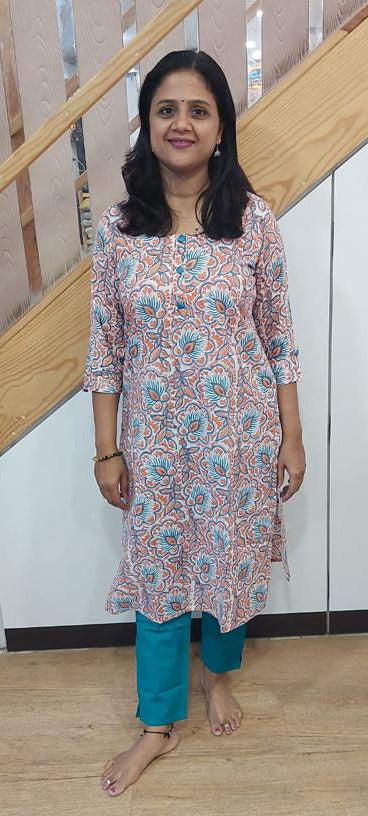 Salmon Pure Cotton Printed Kurta