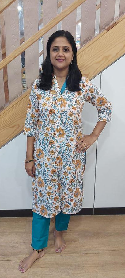 Yellow Ochre Pure Cotton Printed Kurta