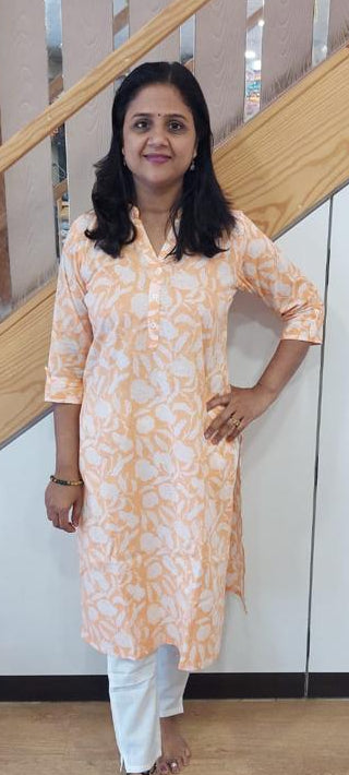 Light Orange Pure Cotton Printed Kurta
