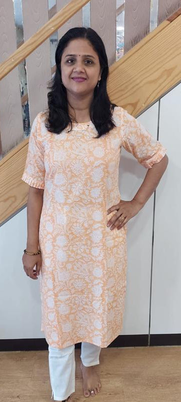 Light Orange Pure Cotton Printed Kurta