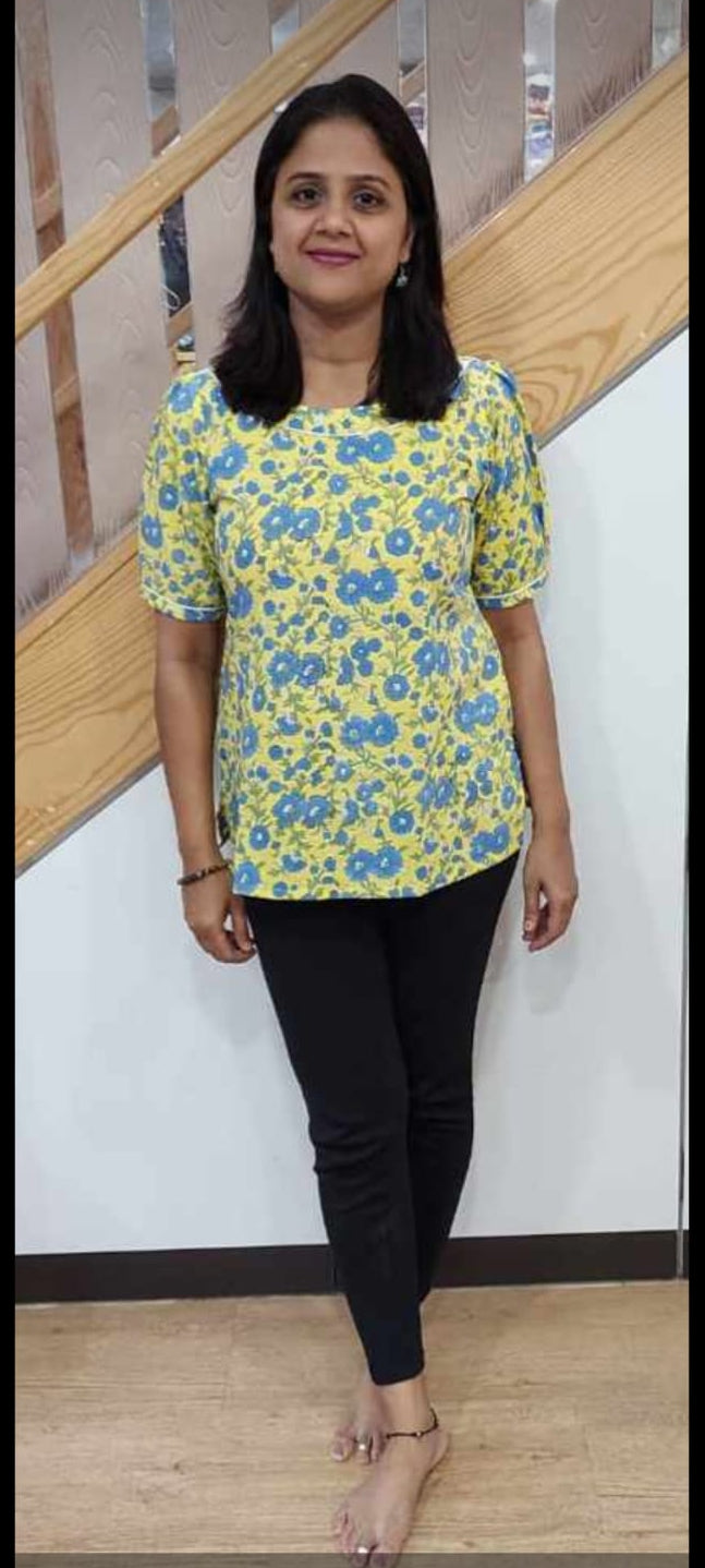 Yellow Pure Cotton Printed Short Top