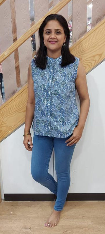Sky Blue Cotton Lurex Sleeveless Shirt