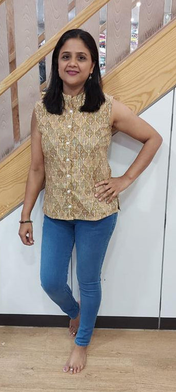 Chikoo Cotton Lurex Sleeveless Shirt