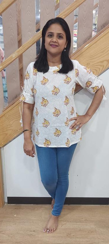 Off White Pure Cotton Printed Short Top