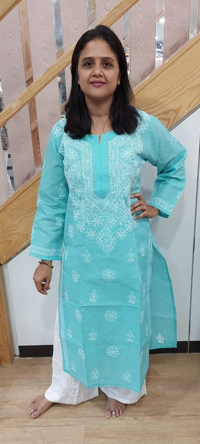 Pista Green Cotton Chikankari Long Kurta