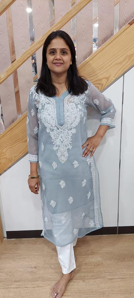 Gray Chikankari Long Kurta