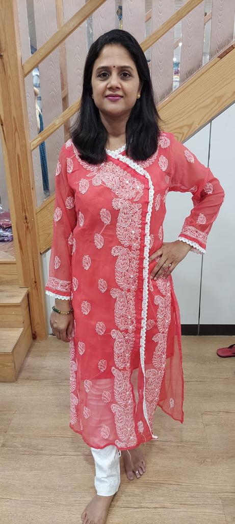 Tomato Red Chikankari Long Kurta