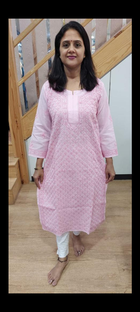 Pink Cotton Chikankari Long Kurta