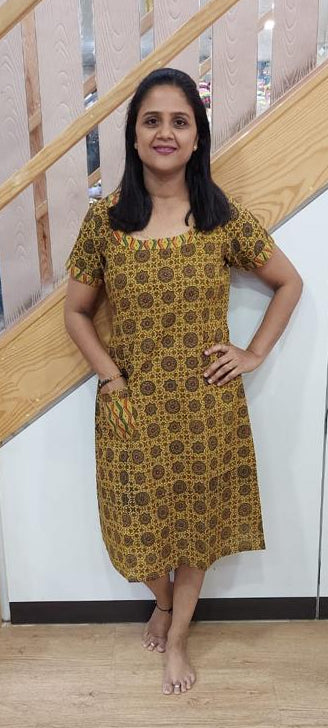 Mustard Yellow Pure Ajrakh One Piece