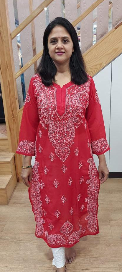 Red Georgette Chikankari Long Kurta