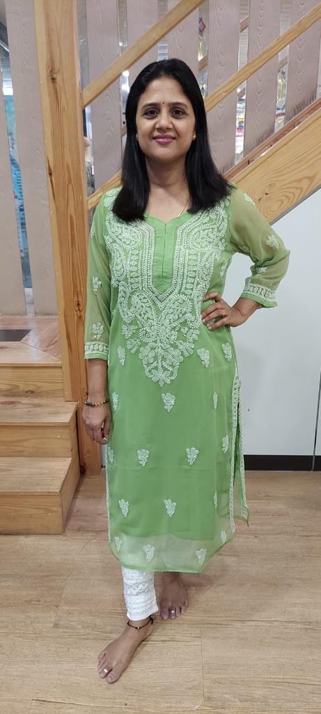 Green Georgette Chikankari Long Kurta