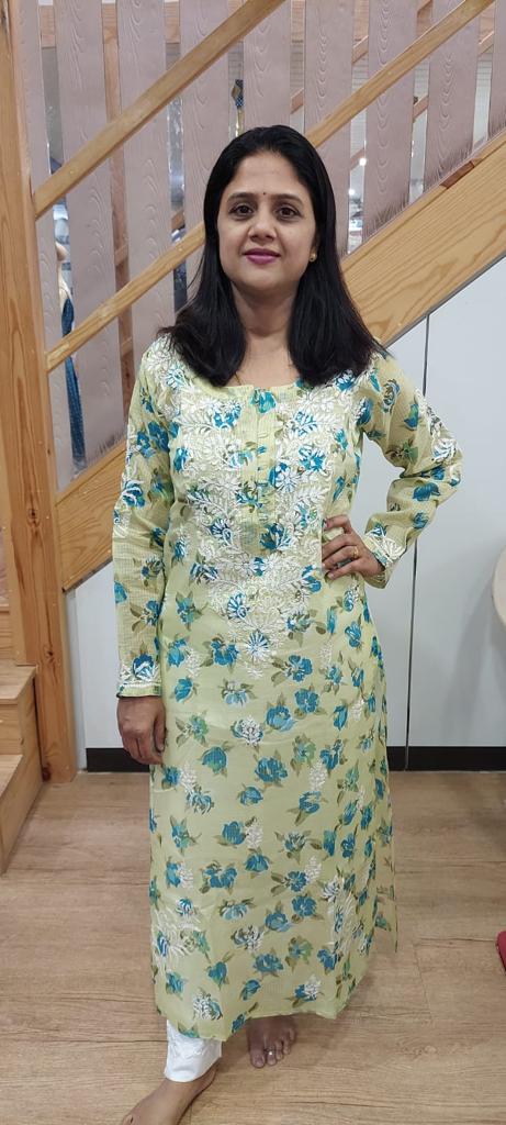 Ligth Mehendi Green Kota Chikankari Long Kurta