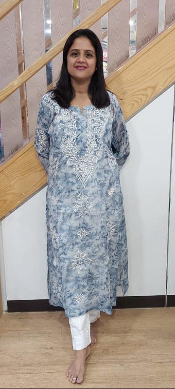 Blue Gray Kota Chikankari Long Kurta