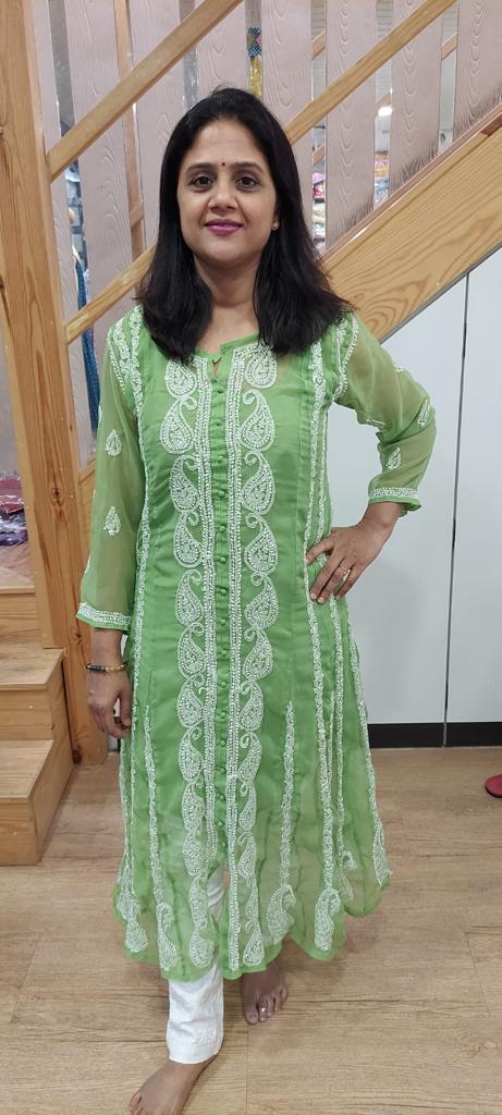 Mehendi Green Georgette Chikankari Long Kurta