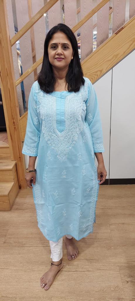 Sky Blue Cotton Chikankari Long Kurta
