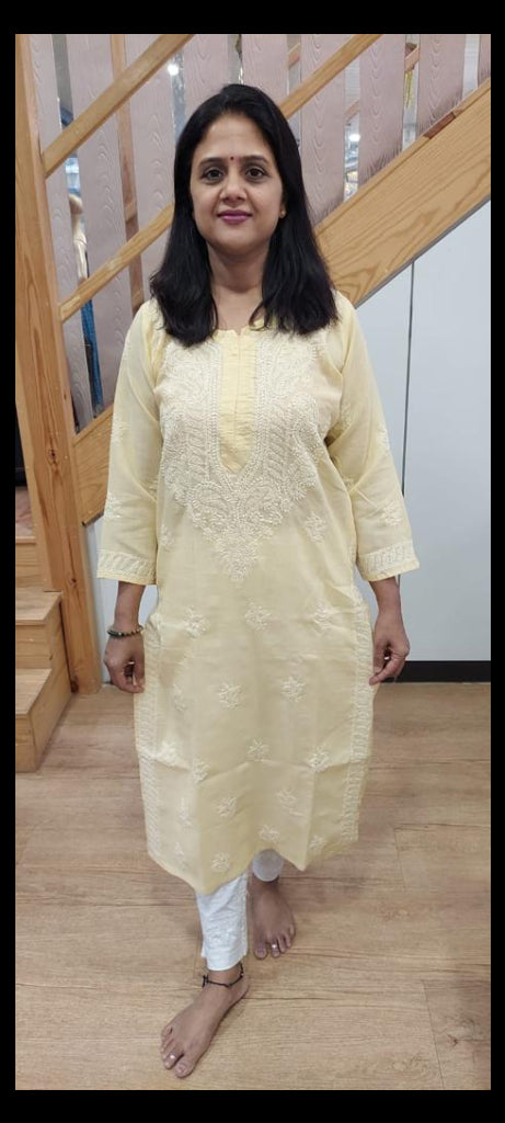 Beige Cotton Chikankari Long Kurta