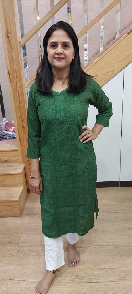 Bottle Green Chanderi Chikan Long Kurta