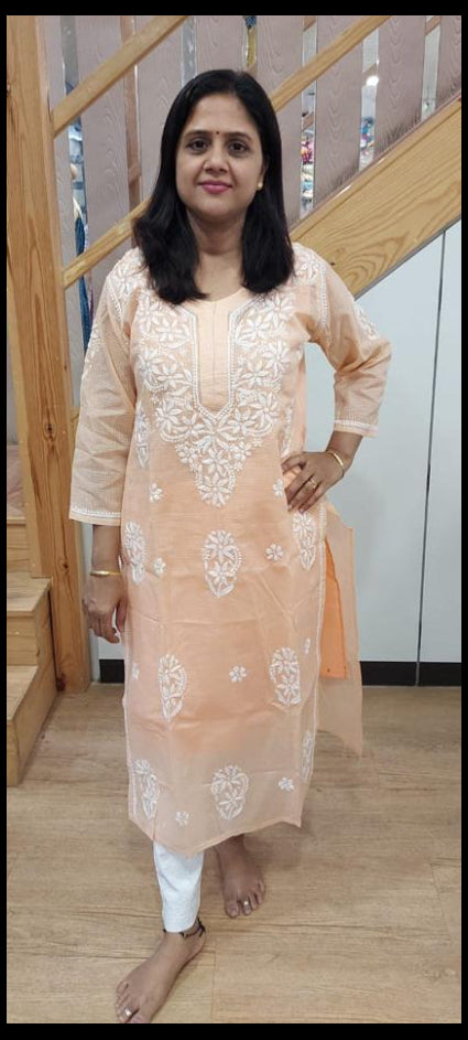 Light Orange Kota Chikankari Long Kurta