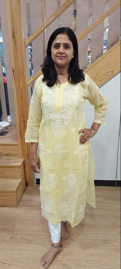 Light Yellow Kota Chikankari Long Kurta