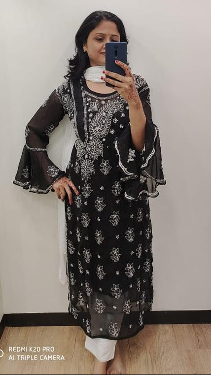 Black Georgette Chikankari Long Kurta