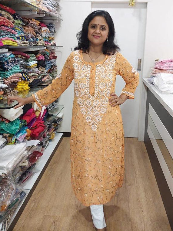 Orange Chikankari Long Kurta