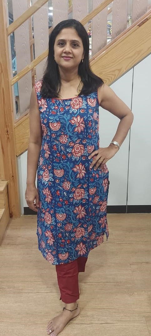 Ink Blue Pure Cotton Printed Sleeveless Kurta