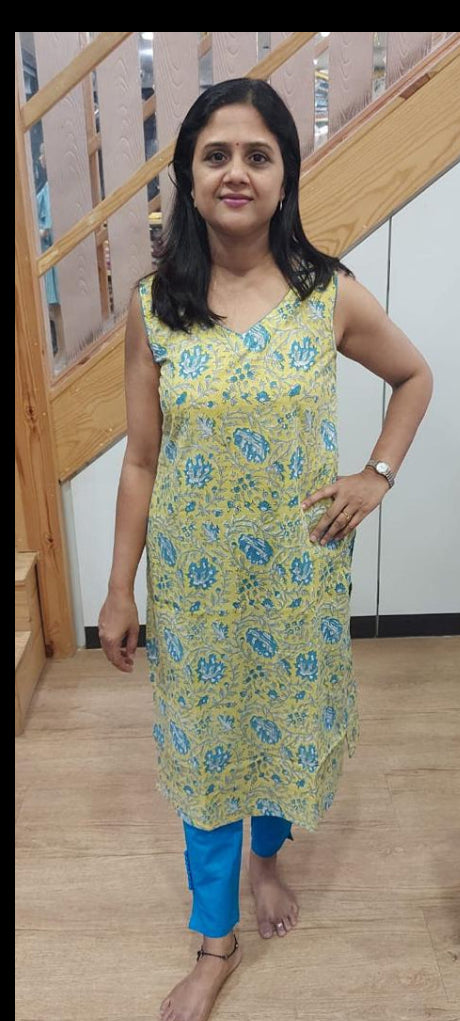 Lemon Pure Cotton Printed Sleeveless Kurta