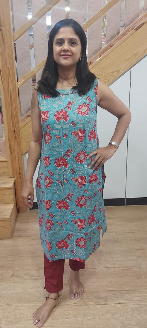 Sea Green Pure Cotton Printed Sleeveless Long Kurta