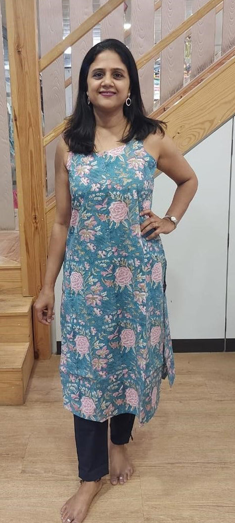 Blue Gray Pure Cotton Printed Spaghetti Kurta
