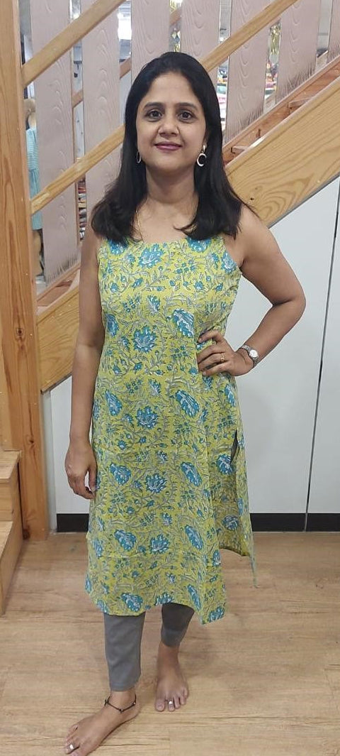 Lemon Pure Cotton Printed Spaghetti Kurta
