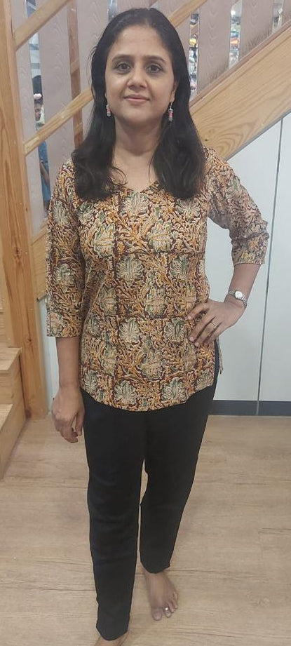 Mustard Yellow Cotton Kalamkari Short Top