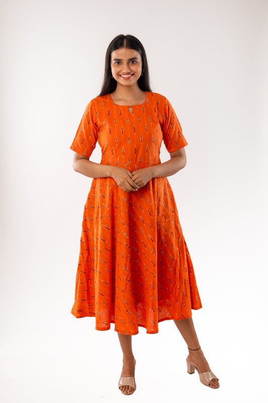 Orange Pure Ikkat Cotton Flared One Piece Dress