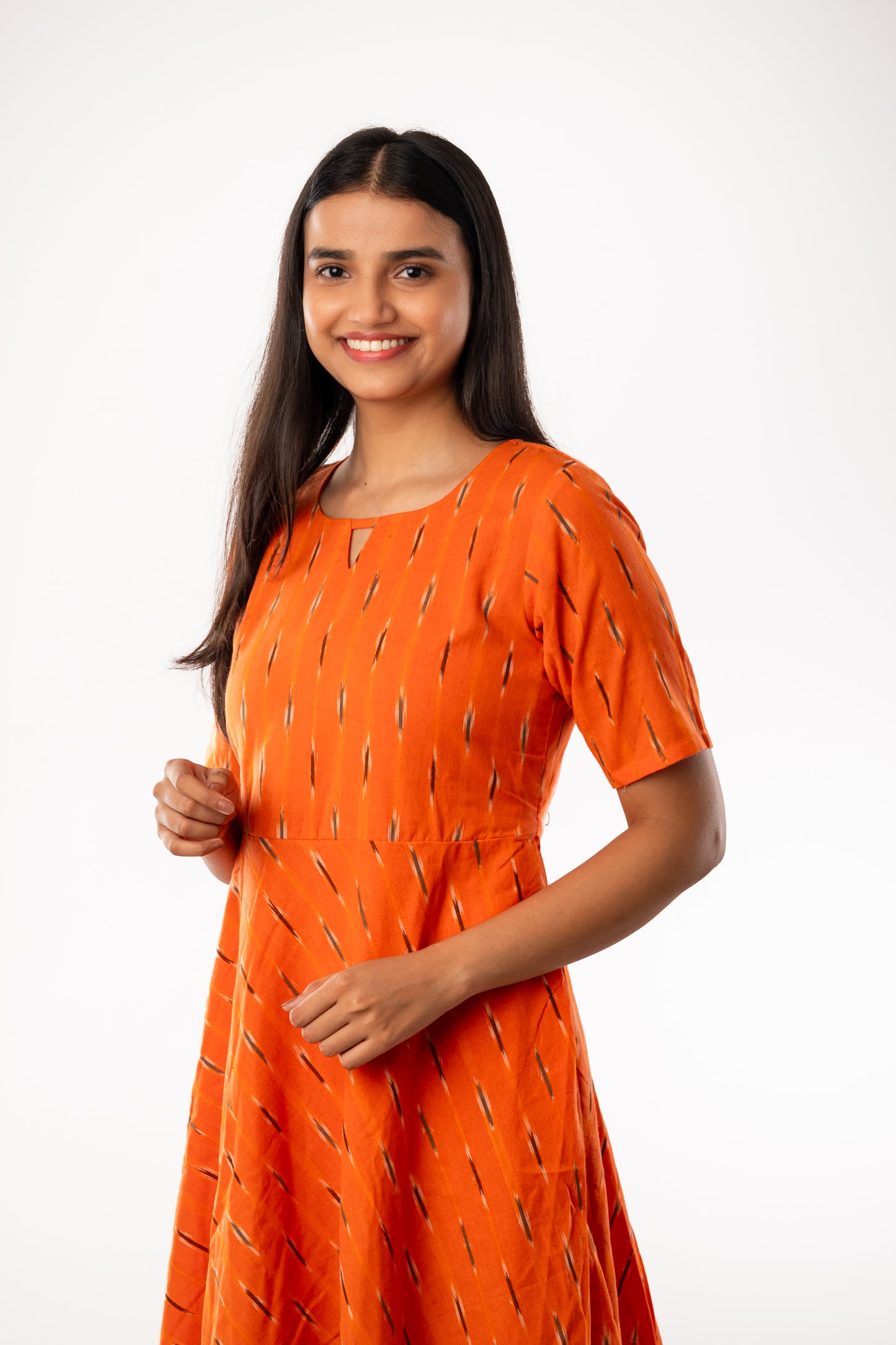 Orange Pure Ikkat Cotton Flared One Piece Dress