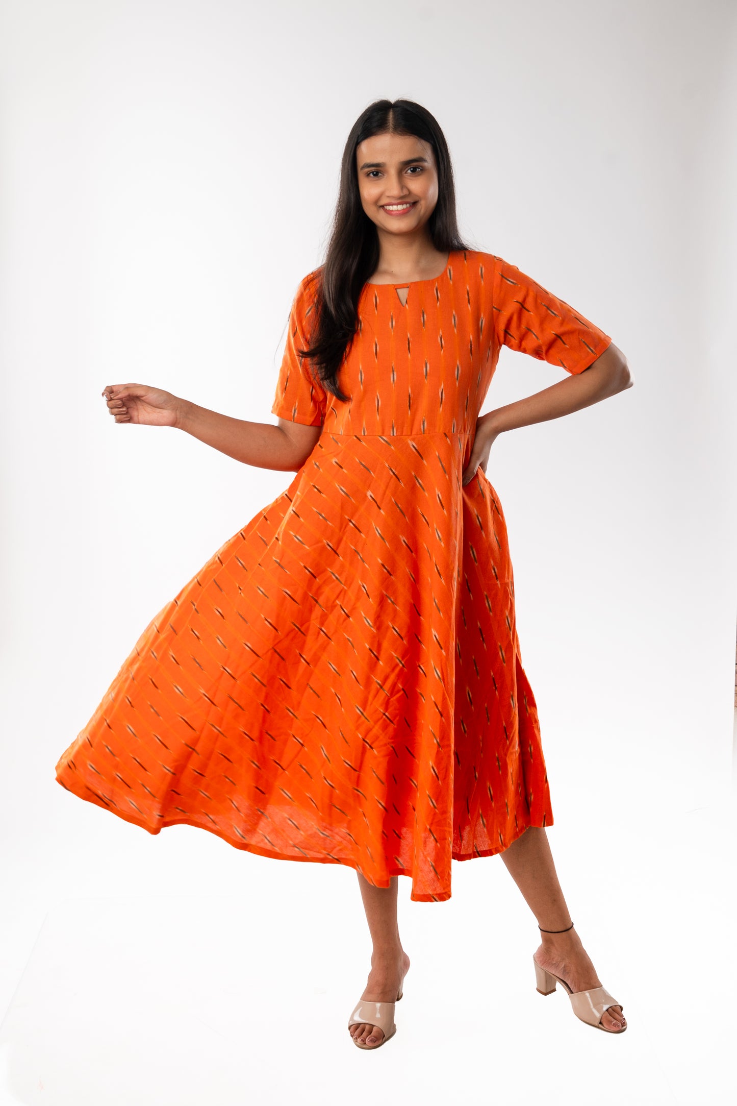 Orange Pure Ikkat Cotton Flared One Piece Dress